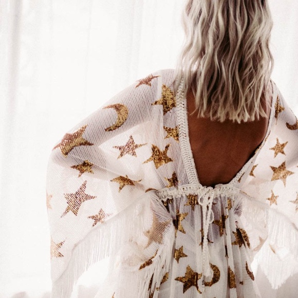 Flutterdress White with Gold Star and Moon Design Maxi Dress - Picture 13 of 13